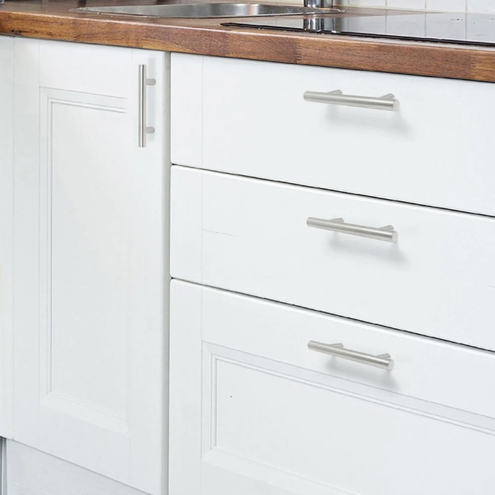 Hickory Hardware Satin Nickel Bar Pulls in White Kitchen